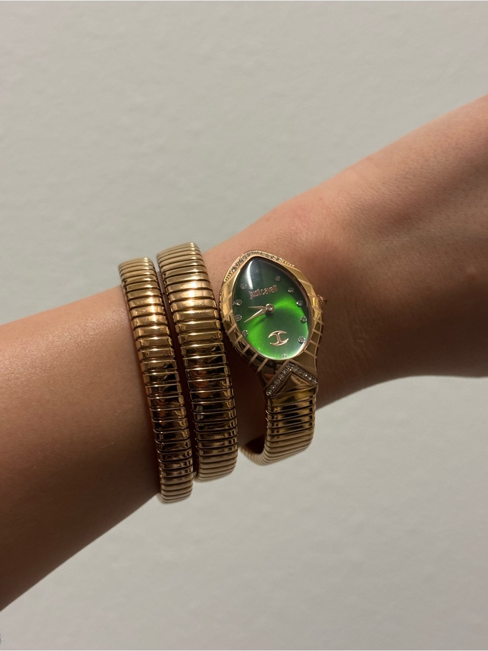 JustCavalli Gold Tone Bracelet Watch with Green Dial